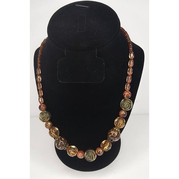 Boho NECKLACE Carved Rose Amber Lucite Beads Costume Jewelry Vintage Gift - Picture 1 of 5